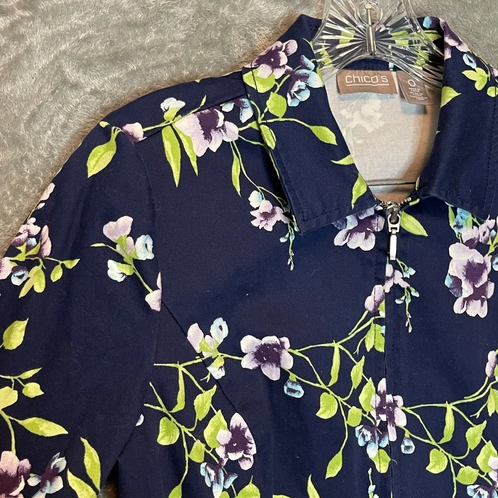 Chicos 0 Womens Colorful Floral Bloomcore Full Zip‎ Lightweight Slim Jacket S